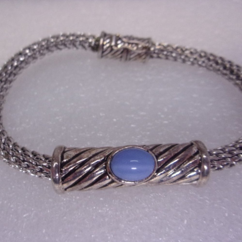 Blue Cabochon Silver Mesh Chain Bracelet 7.5" L